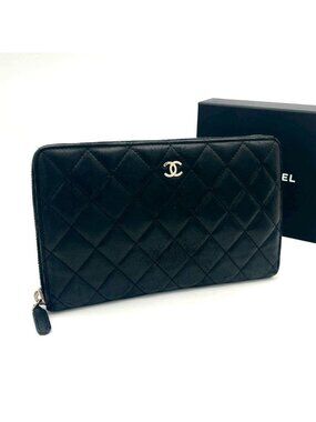 Chanel Quilted Zip Around Wallet Lambskin Silver Black